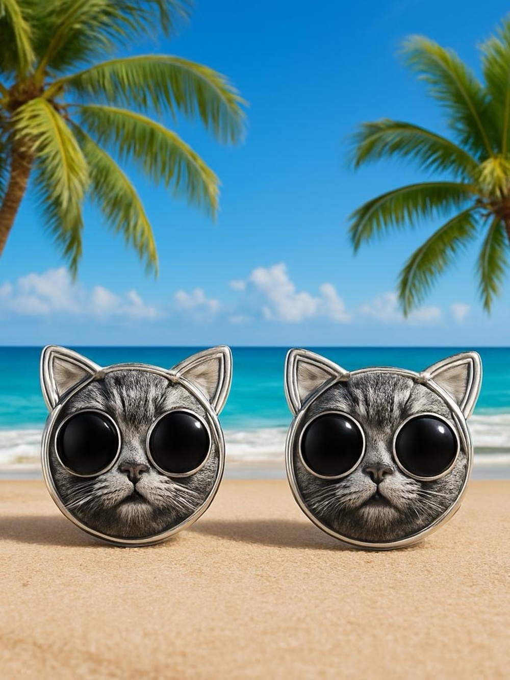 Cat Face Stud Earrings in Silver Tone - Cute Grey Cat Design